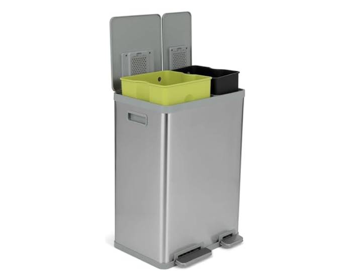 Simpli-Magic Rechteckiger Mülleimer mit zwei Fächern, 60 Liter, mit sanft schließendem Deckel, gebürsteter Edelstahl, 38 x 22 l Fassungsvermögen