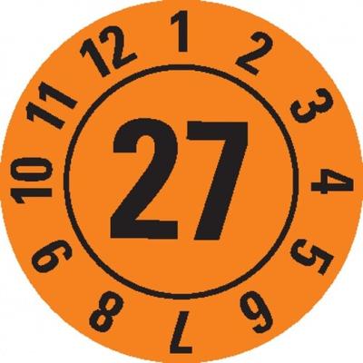 Dreifke® Prüfplakette 27, orange, Dokumentenfolie, selbstklebend, Ø 10mm, 384/Heft