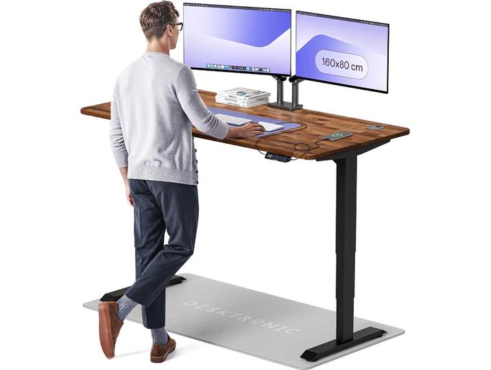 Desktronic HomePro Bureau électrique réglable en hauteur 160x80cm Noyer massif/Noiravec fonction mémoire\, technologie anti-collision\, ports de charge USB-A et USB-C