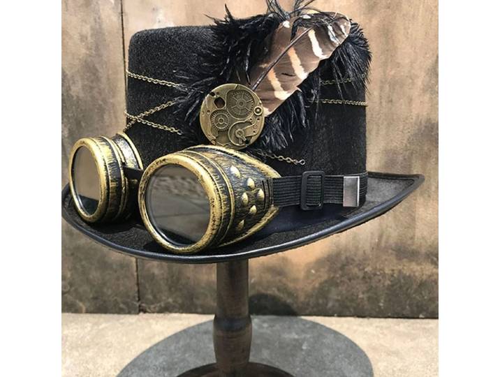 Steampunk chapeau haut-de-forme en feutre laine chapeau victorien avec lunettes plumes Costume unisexe casquette gothique