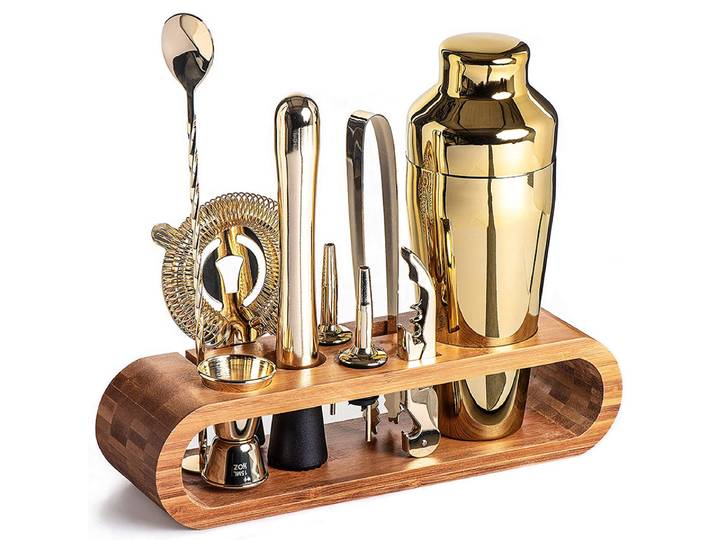 Ensemble de bar à cocktails et kit de mixologie pour barman : ensemble d'ustensiles de bar de 10 pièces avec élégant support en bambou