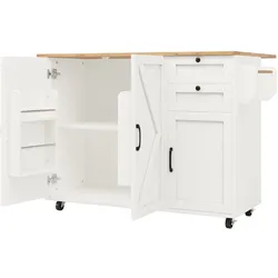 MODFU Kücheninsel MDF Weiß 120x43,2x92 cm, klappbare Tischplatte, 5 Rollen mit 2 Feststellbremsen