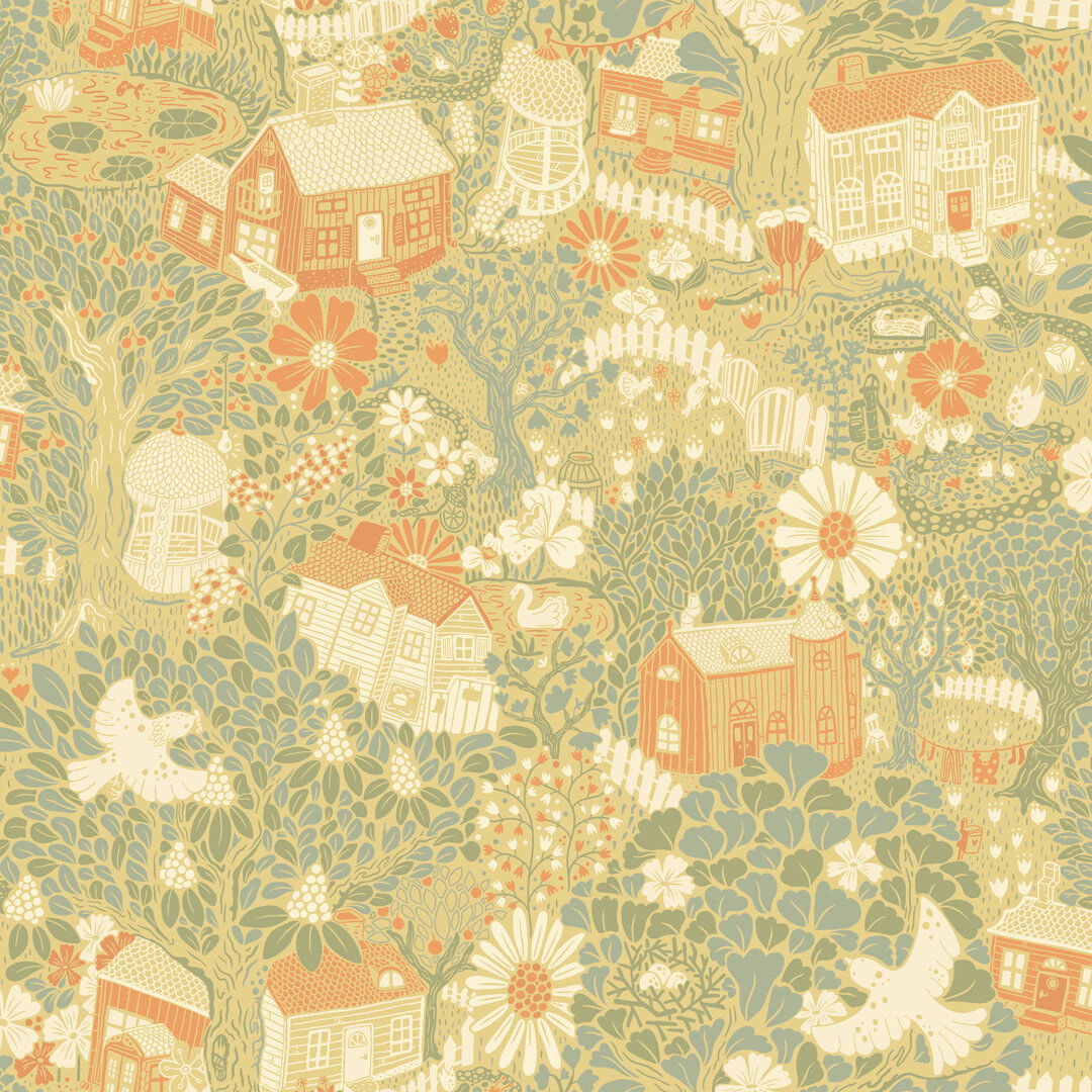 Ophelia & Co. Rumill Bygga Bo Scaninavian Villiage Flowers 10.05m x 53cm Wallpaper Roll Yellow/Red/White 1,005cm L