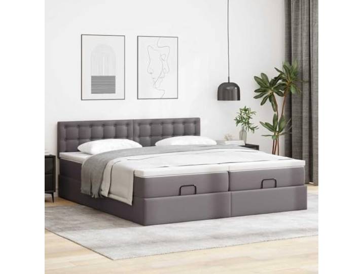 KTHLBRH Bett aus Kunstleder, grau, 180 x 200 cm, mit 2 Matratzen Hydraulisches Heben, Taschenfedern, Lattenrost inklusive, 2 Matratzenschoner