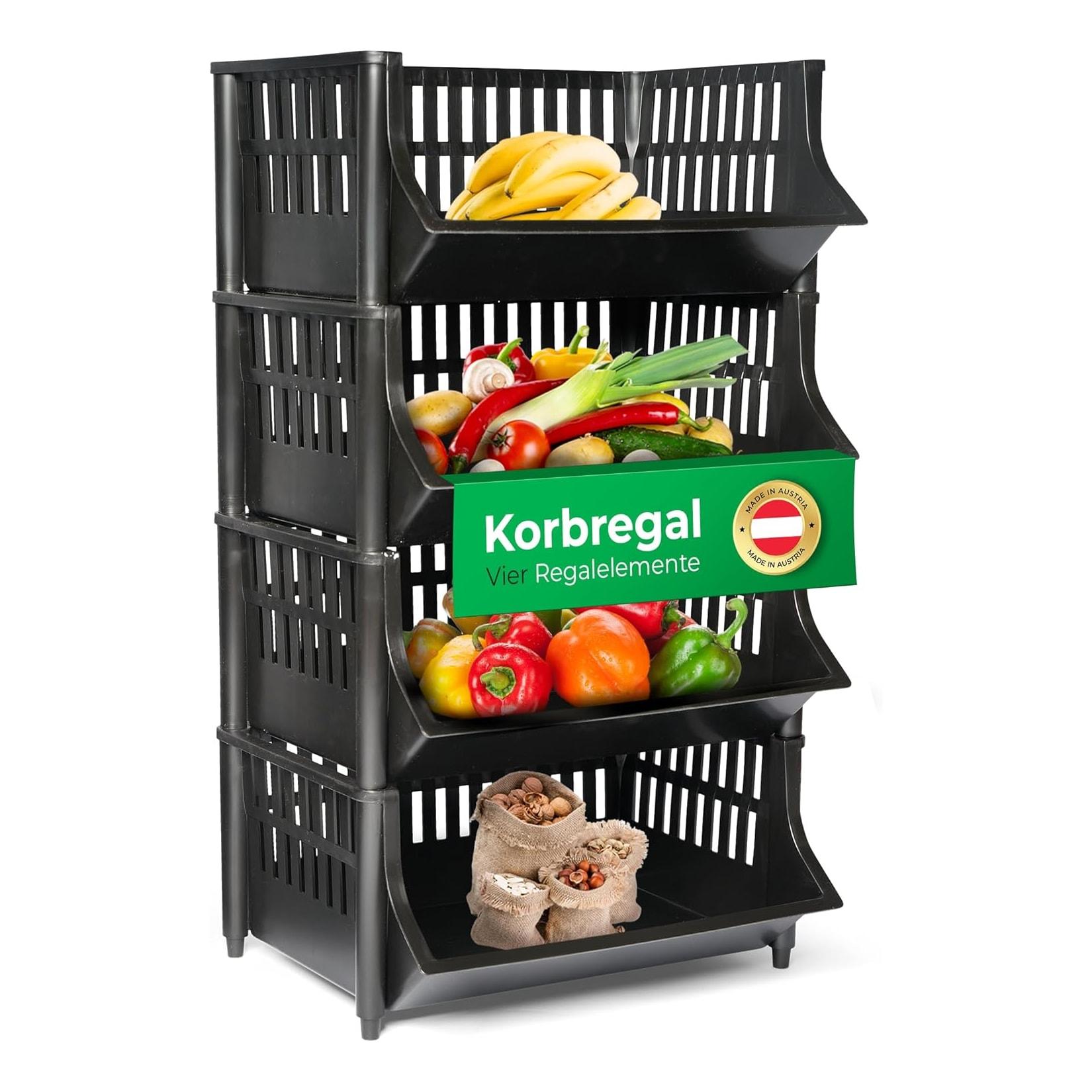 Novaliv 4 Stück Korbregal Schwarz Steckregal Stapelbar & Erweiterbar, Regale für Vorratsraum, Lebensmittelregal, Obstregal Keller Aufbewahrungssystem, Apfelregal, Stapelkorb, Stapelregal Kunststoff