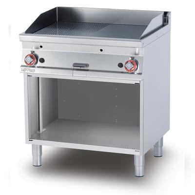 Redcook Fry top Gas 1/2 gerippt 1/2 glatt Chrom MOCA Genehmigt zwei Kochzonen. Gestell aus rostfreiem Stahl. Abmessungen 80x70,5 h90 cm. Modell FTLR-78GS