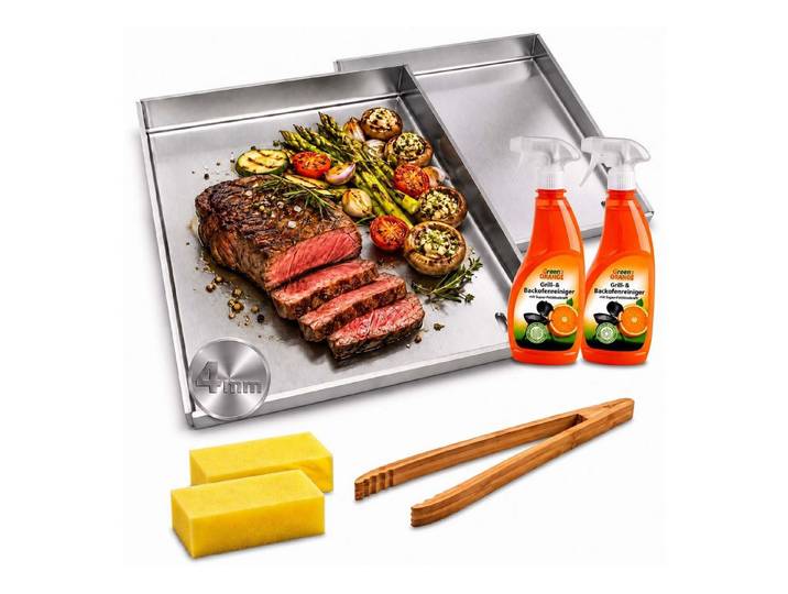BURI Grillplatte 2x Plancha Grillplatte 30x40cm Edelstahl Set Grillzange Grillreiniger
