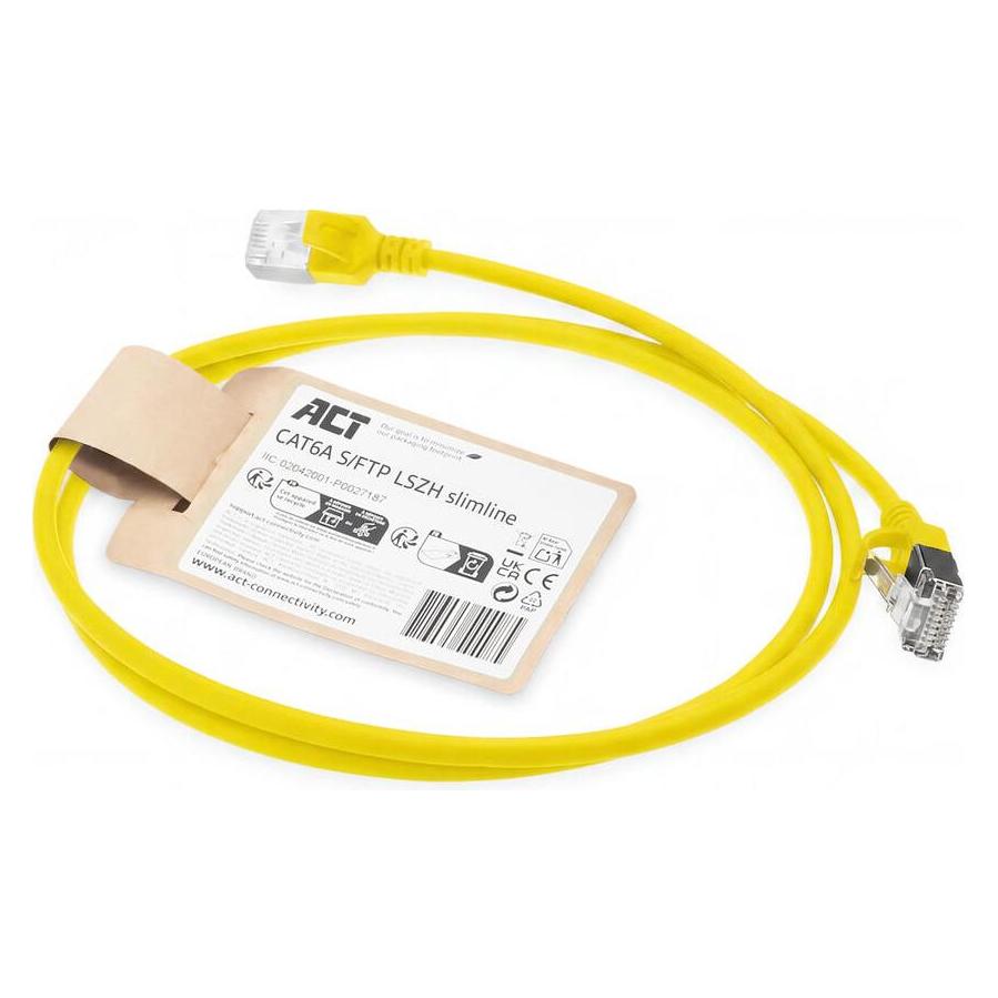 ACT Yellow 1 meter LSZH S/FTP CAT6A slimline patch cable snagless with RJ45 connectors (S/FTP, CAT6a, 1 m) (DB7801)