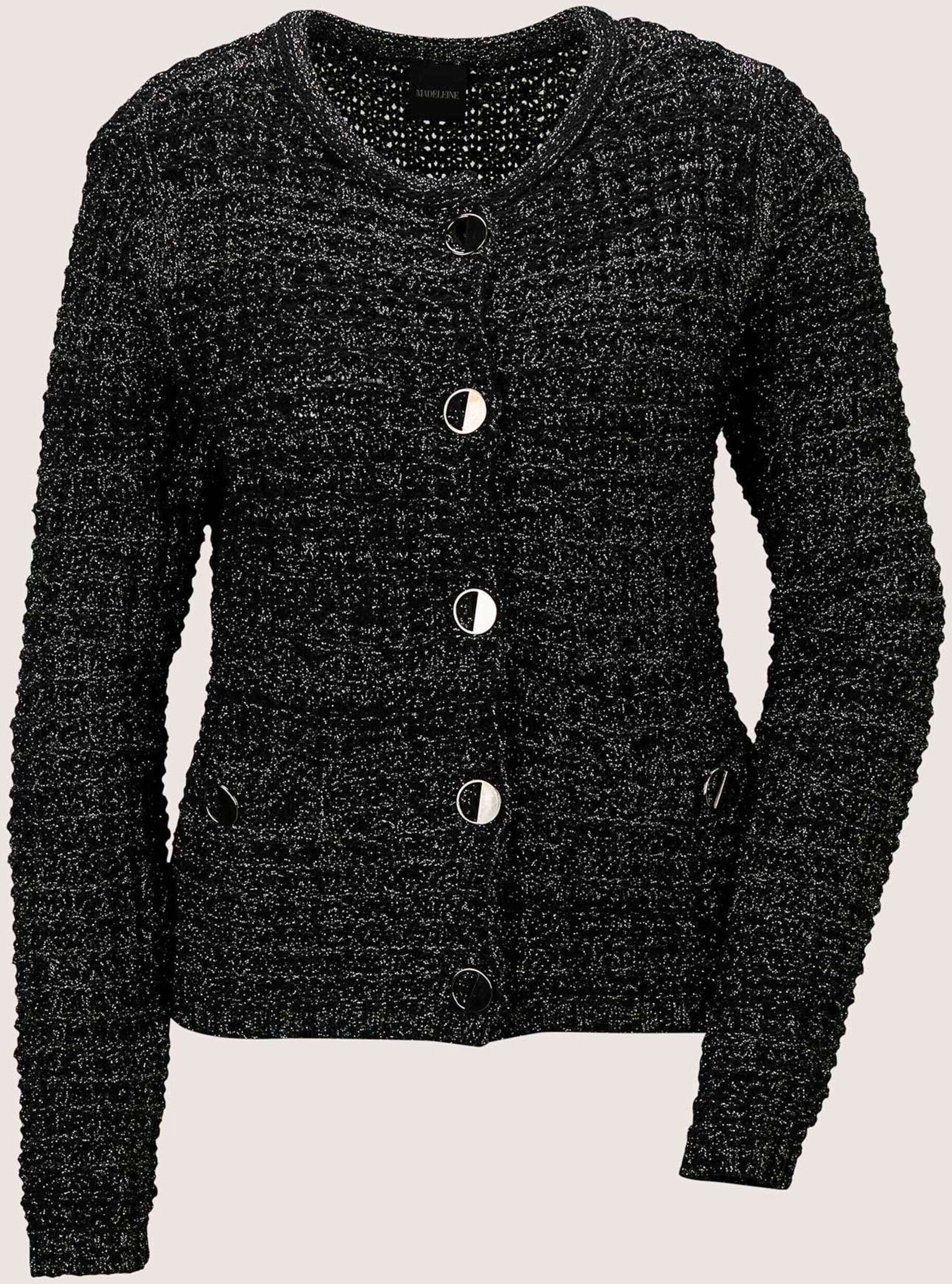 Strickjacke MADELEINE "Strickjacke Grobstrick-Cardigan mit Glanzgarn", Damen, Gr. 34, schwarz, silberfarben, Modern, slim fit, Strickjacken Strickjacke