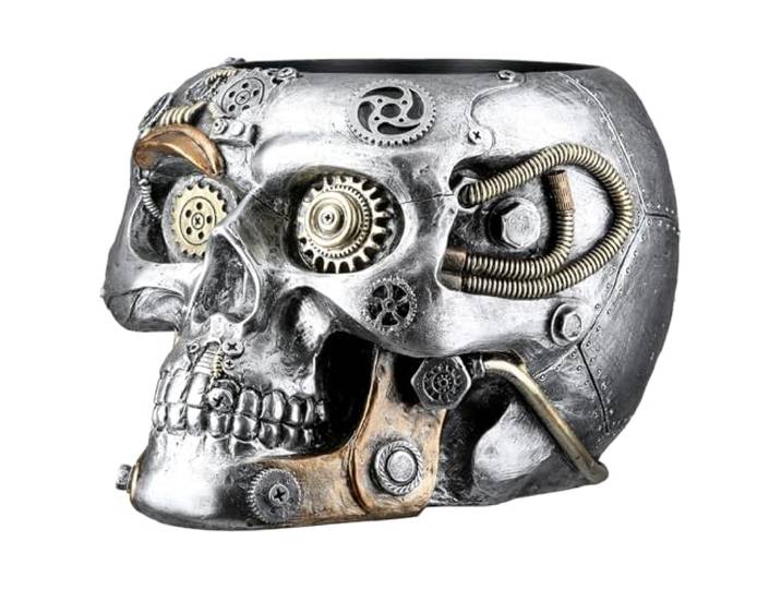 GILDE Übertopf Steampunk Skull Planter - Kunstharz - Höhe 14cm x Breite 18cm - Silber - Antikfinish - Zahnrädermotiv - Totenschädel