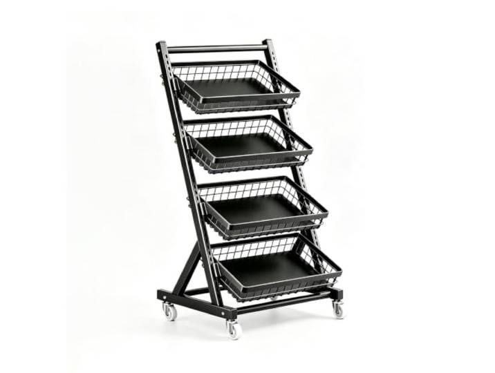3/4/5Tier Supermarkt Snack Regal Anzeige Stand,Einzelhandels-Display Regale Freistehendes schwarzes schräges großes Metall-Snackregal auf Rollen,für Arbeitsplatten,Küche Laden(4 baskets)