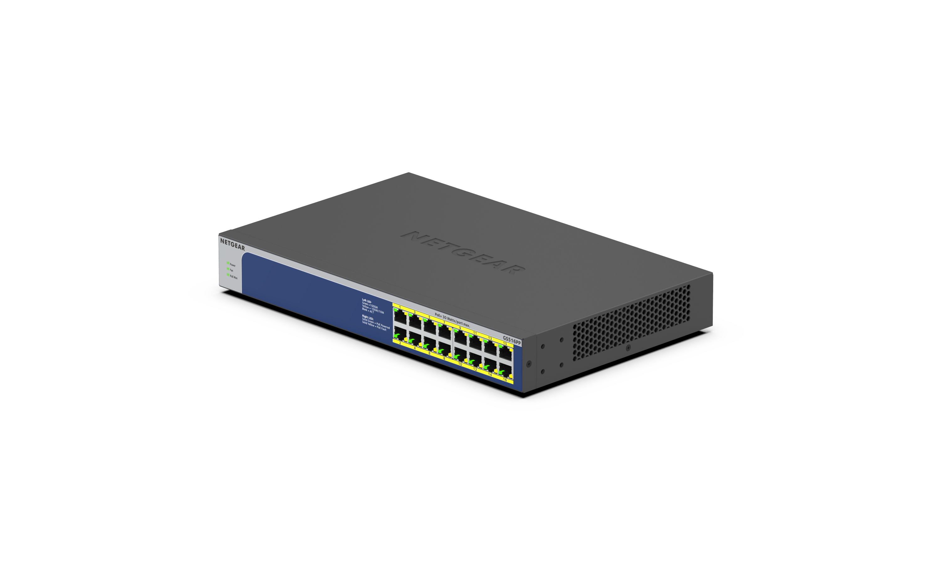 Netgear GS516PP 16 Port Gigabit Ethernet LAN PoE Switch (16x PoE+ 260W, Plug-and-Play Netzwerk Switch, Desktop oder 19 Zoll Rack-Montage) GS516PP-100EUS
