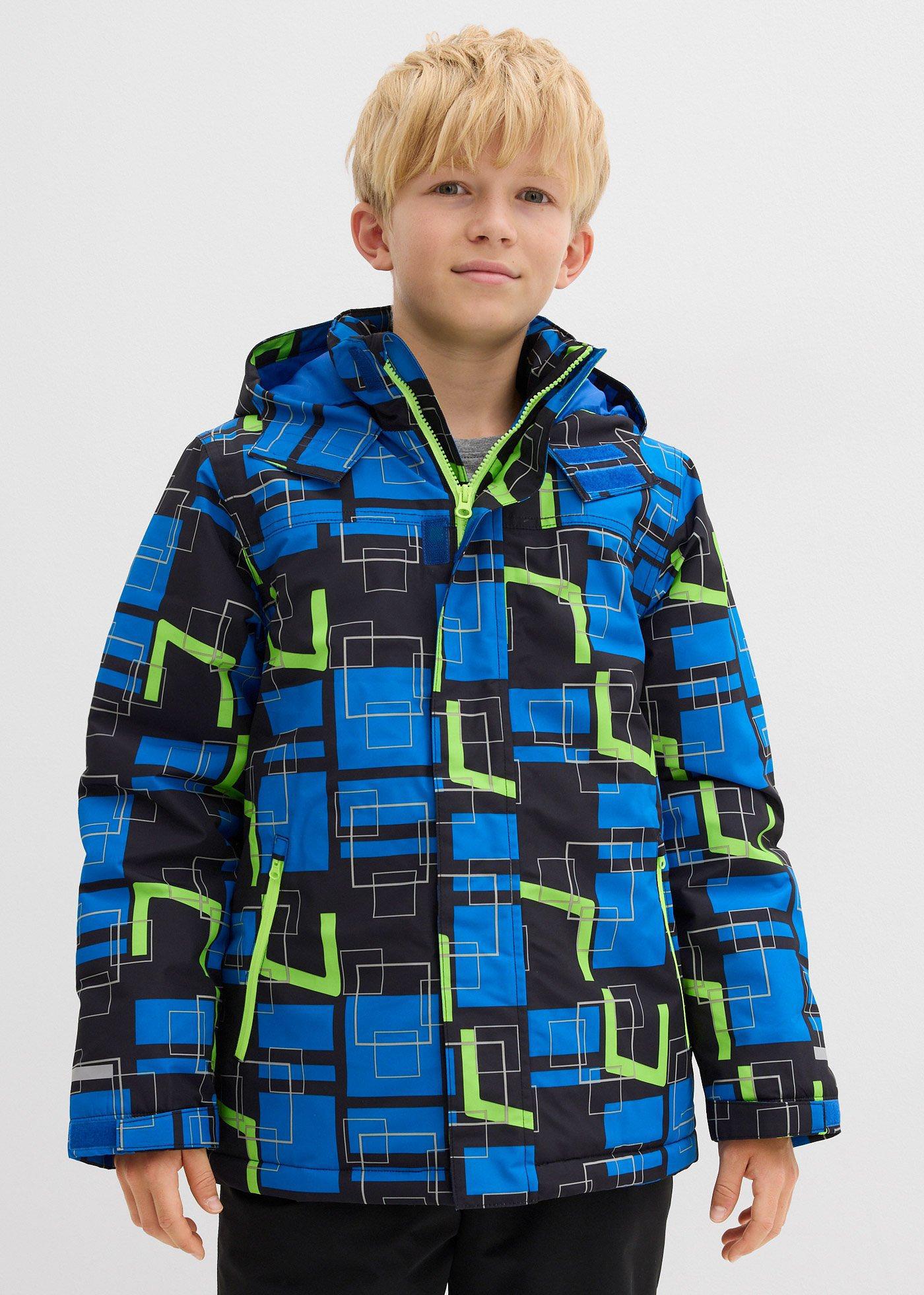 bonprix wasserdichte Funktionsjacke mit reflektierenden Details, schwarz, Gr.128/134, Coole Jungen Winterjacke mit Kapuze und verdecktem Reißverschluss