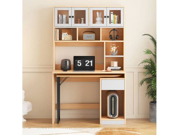ROVRYN Bureau secrétaire 110 x 55 x 180 cm avec meuble haut pivotant MDF blanc et naturel