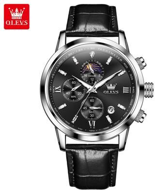 GlowBake Luxury Brand Men Quartz Watch, Waterproof Chronograph Moonphase Watch For Men, New Fashion Multifunction Timepiece all Black
