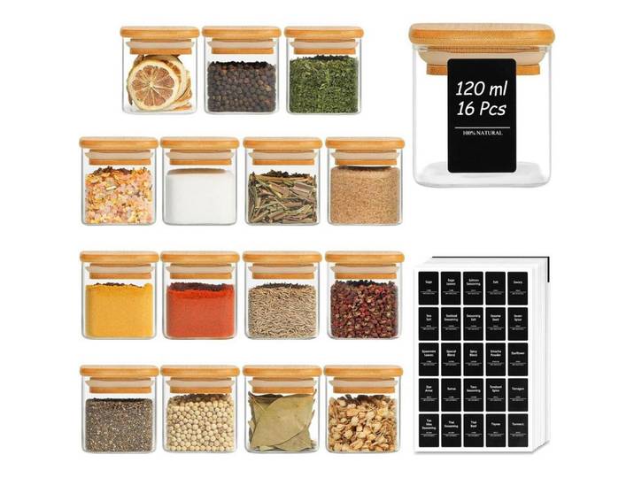 Gewürzgläser 16-teiliges Set 120 ml Glas mit Holzdeckel, Mehrfarbig, 6x6.6x6 cm, Küchenzubehör, Vorratsbehälter, Gewürzgläser