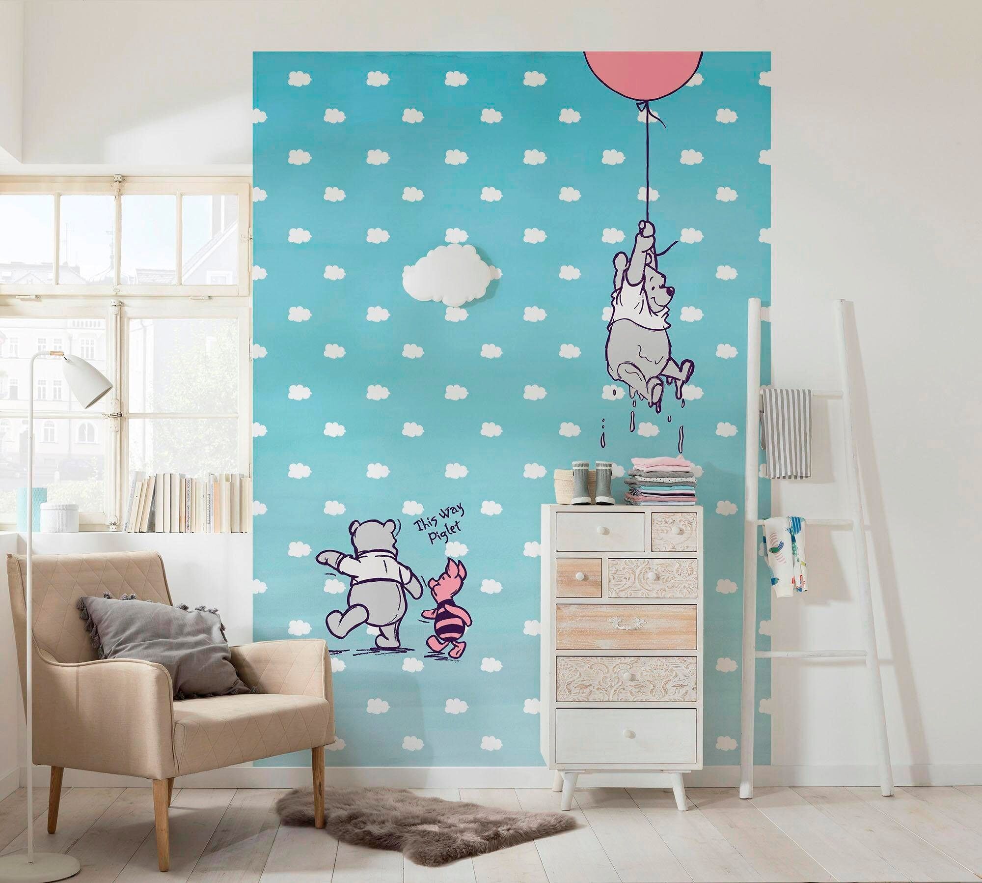 Fototapete KOMAR "Winnie the Pooh Piglet - Grösse 184 x 254 cm", blau (blau, rosa), B:184m L:254m, Papier, Tapeten, Fototapete, Kinderzimmer blau, rosa B/L: 184m x 254m, Rollen: 4