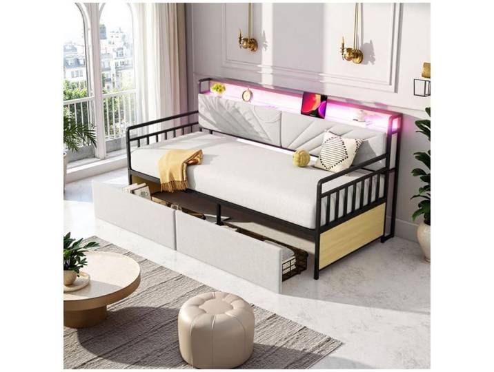 O.Ye Lit en fer forgé 90 x 200 cm - Zubaliya - avec éclairage LED - avec 2 tiroirs - prise multifonction - lit simple m LIT COMPLET