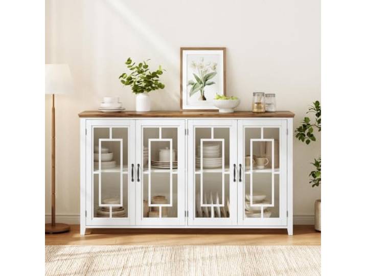 160cm breites Küchen-Sideboard mit Glastüren,einem geräumigen Staufach,einer Arbeitsplatte in Holzoptik und einer Kippsicherung.Dieses moderne Sideboard eignet sich für Küchen,Esszimmer und Wohnzimmer