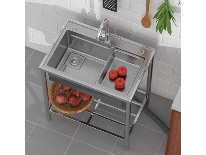 ZQFHSX Freistehende Küchenspüle, 360° schwenkbarer Wasserhahn, Edelstahl 304, Gewerbespüle, beweglicher Abtropfkorb, 22 cm tiefes Becken, langlebig