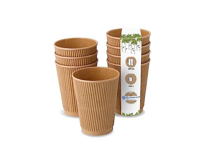 BIOZOYG 500 Stück Kaffeebecher isolierte Pappbecher 300ml / 12 oz Ø 90 mm braun - geriffelt plastikfrei nachhaltige Materialien - Einwegbecher Glühweinbecher