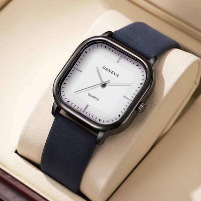 Friendly Fresh Finds Minimalist Mens Quartz Watch With Leather Strap Fashion Square Wristwatch blue White