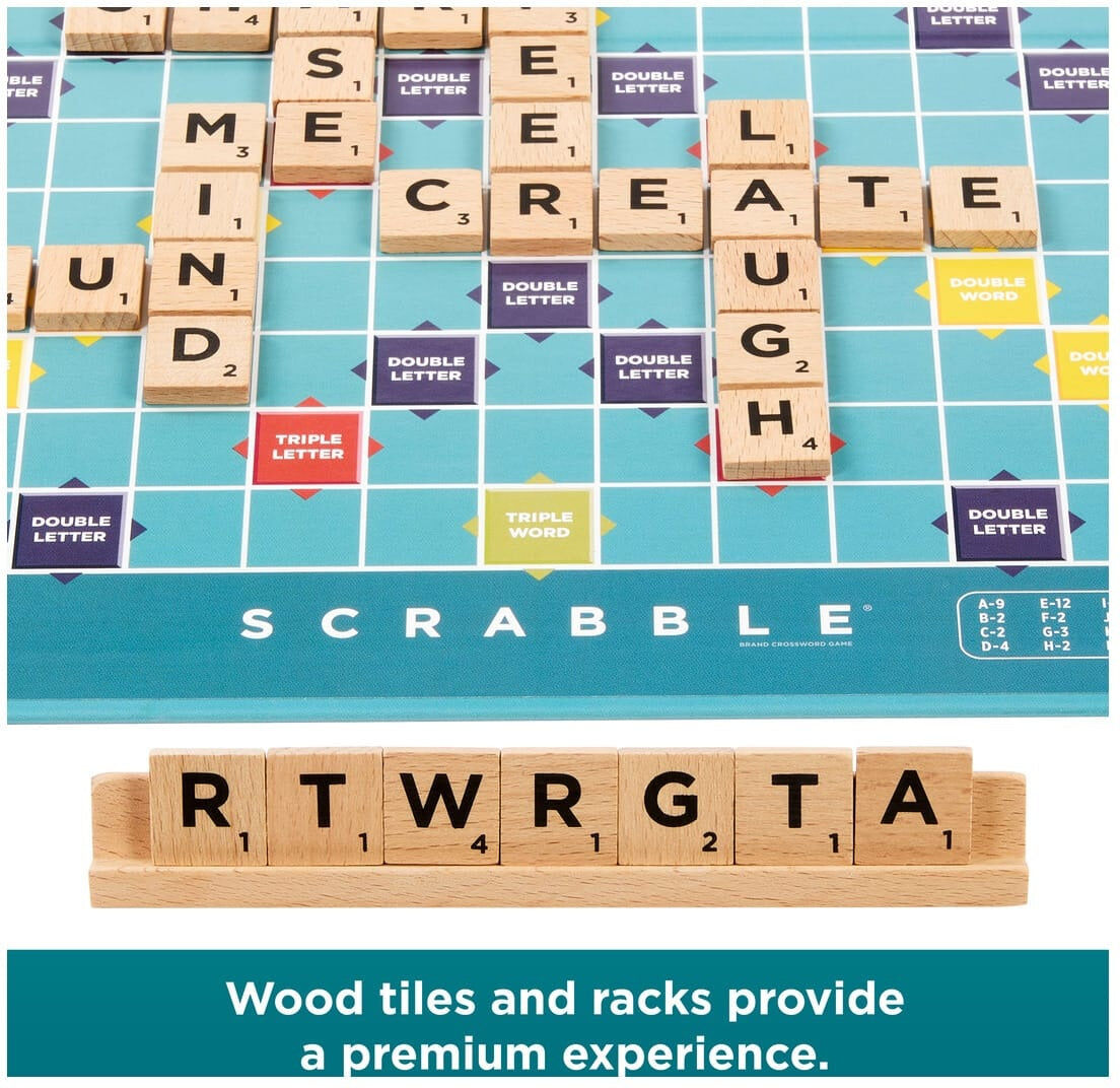 Mattel Scrabble 2026 Edition Classic Word Strategy Pro Deluxe FamilyFriendly Board Game for Families, Ages 8+, 2-4 Players