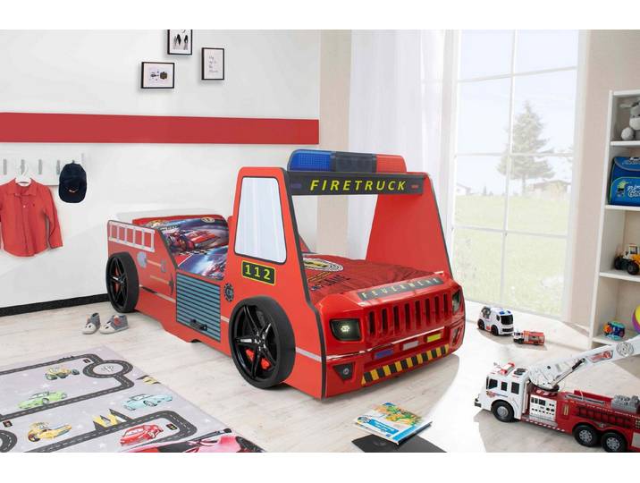 Aileenstore Autobett Rio (inkl. LED Licht und Lattenrost), Feuerwehrbett, 90x200 cm, LED Licht, Hochglanz, Lattenrost