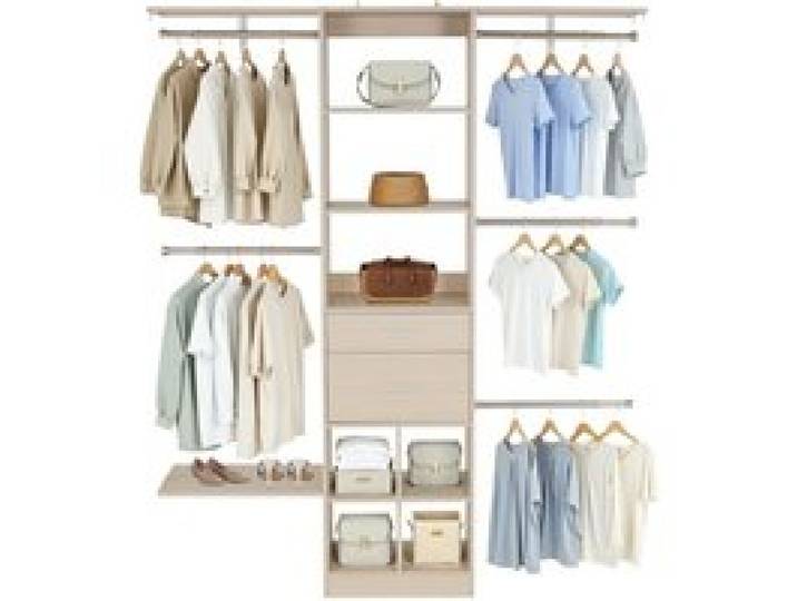 VEVOR Système de placard avec 2 tiroirs, système d'organisation de placard en bois à hauteur réglable, porte-vêtements avec 5 tringles à vêtements rétractables, pour rangement de chambre, chêne gris