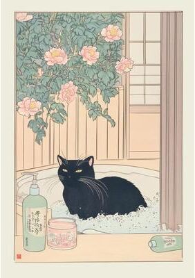 Inspired Finds Japandi Cat Bathtub Canvas Wall Art Retro Japanese Aesthetic Poster zen Bath 11.81x16.54in Unframed