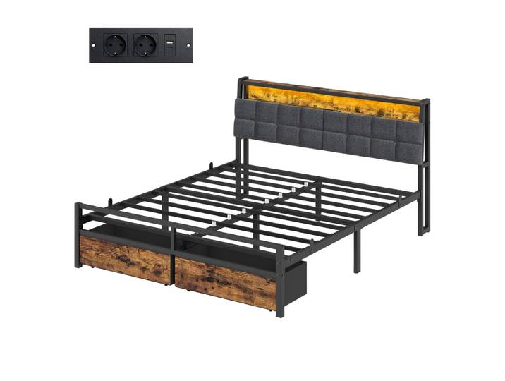 Lit double avec tiroir et cadre métallique 160 x 200 cm noir et marron