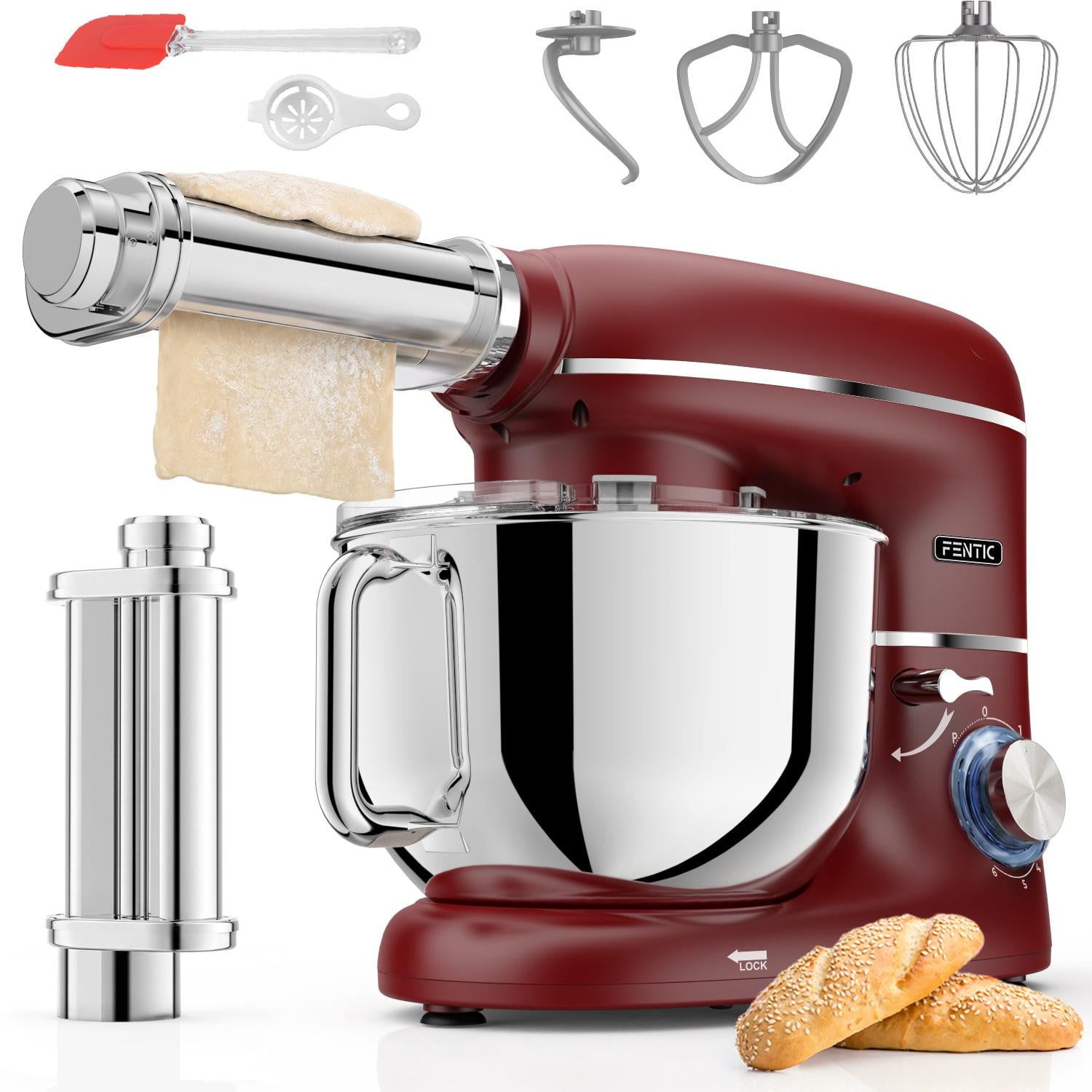 Fentic Keukenmachine 2000W met Pastaroller en Accessoires, 6,2L Mengkom, Rood