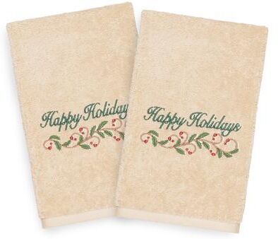 Authentic Hotel and Spa Turkish Cotton Happy Holidays Beige Set of 2 Hand Towels