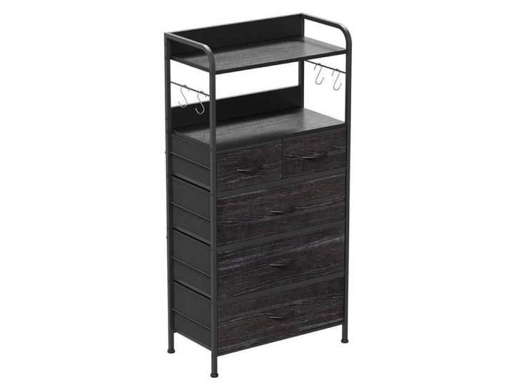Commode 5 Tiroirs Crochets Étagères 120x60x30cm Rangement Entrée Chambre Commode Chambre Meuble Rangement Tissu Métal Noir