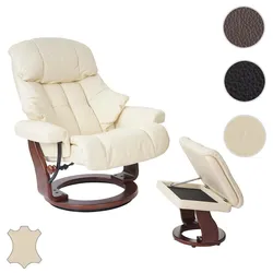 MCA Relaxsessel Calgary XXL, TV-Sessel Hocker, Echtleder 180kg belastbar ~ creme, Walnuss-Optik