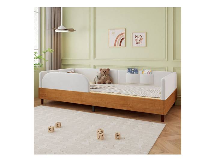 REDOM Polsterbett mit Samt- und Holzrahmen, 2 praktische Stautaschen,Schlafsofa (weiche Stoßkanten und stabiler Rahmen, Kinderbett 90x200 cm), ohne Matratze