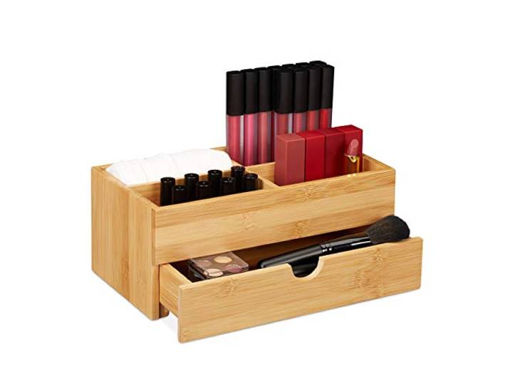 relaxdays 10026124 Organiseur cosmétiques en Bambou\, Multifonctions\, 4 Compartiments et 1 tiroir\, boîte à Bijoux\, Bureau\, Naturel