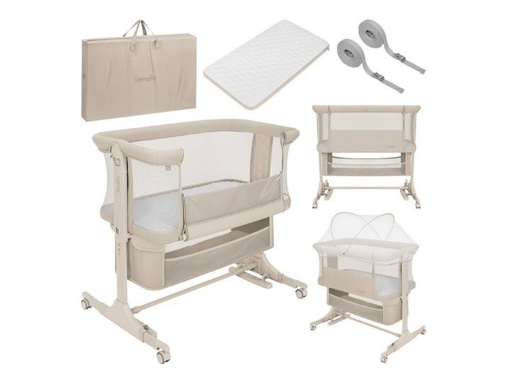 lionelo Baby-Reisebett JODIE, 3in1 Beistell/freistehend/Wiege/6 Stufen/Netzseiten/4 Rollen