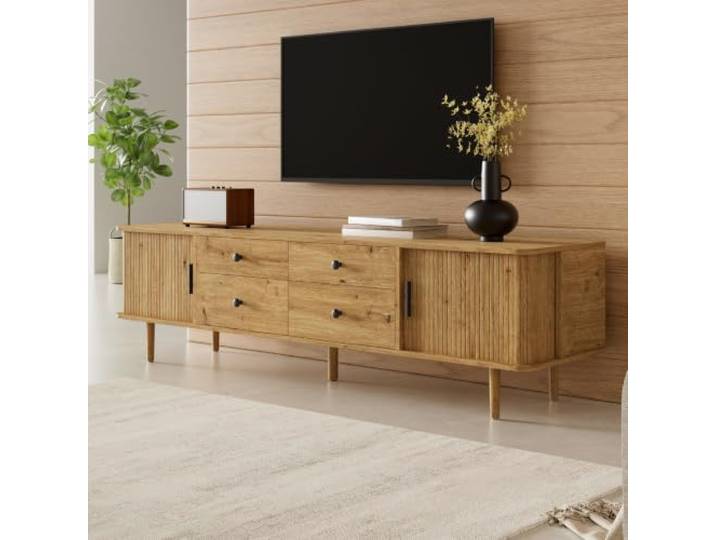 BXEYXE TV-Lowboard 165 cm, MDF TV-Schrank mit 4 Schubladen und 2 Schiebetüren, großer Stauraum, runde Ecken