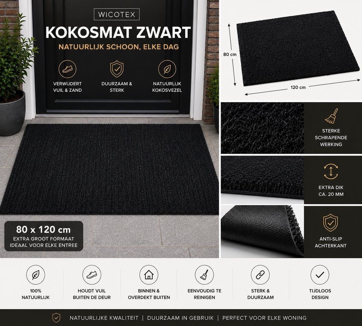 Wicotex Deurmat Kokosmat - Zwart - 80 x 120 cm
