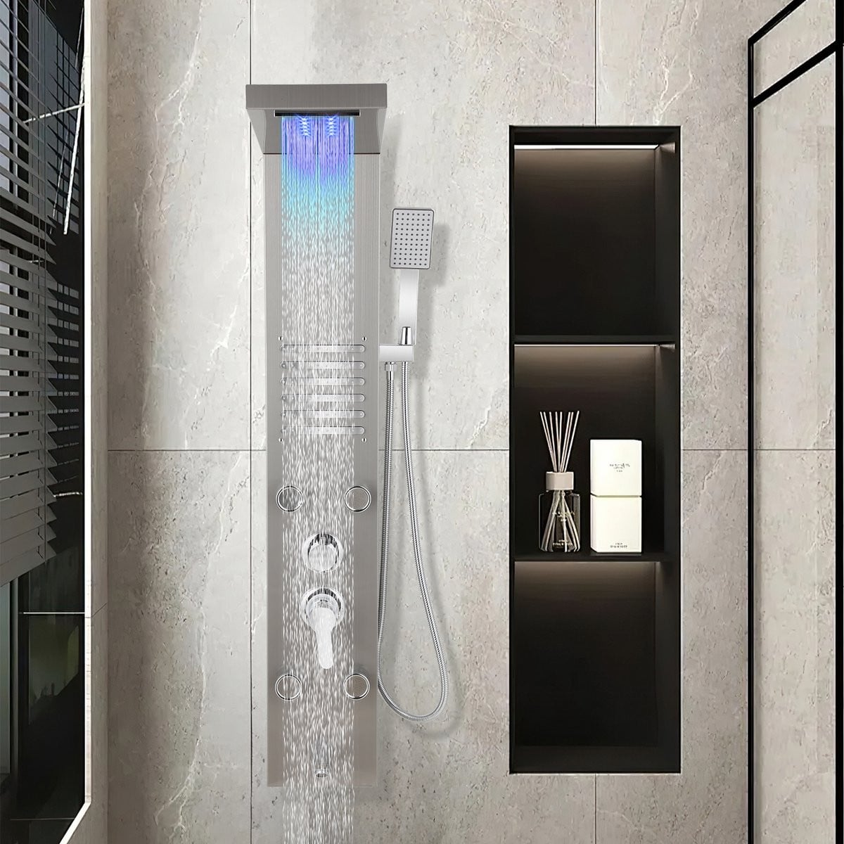 Modern Douchepaneel met LED-display en Massage in Zilver en Geborsteld Staal met Regendouche en Handdouche
