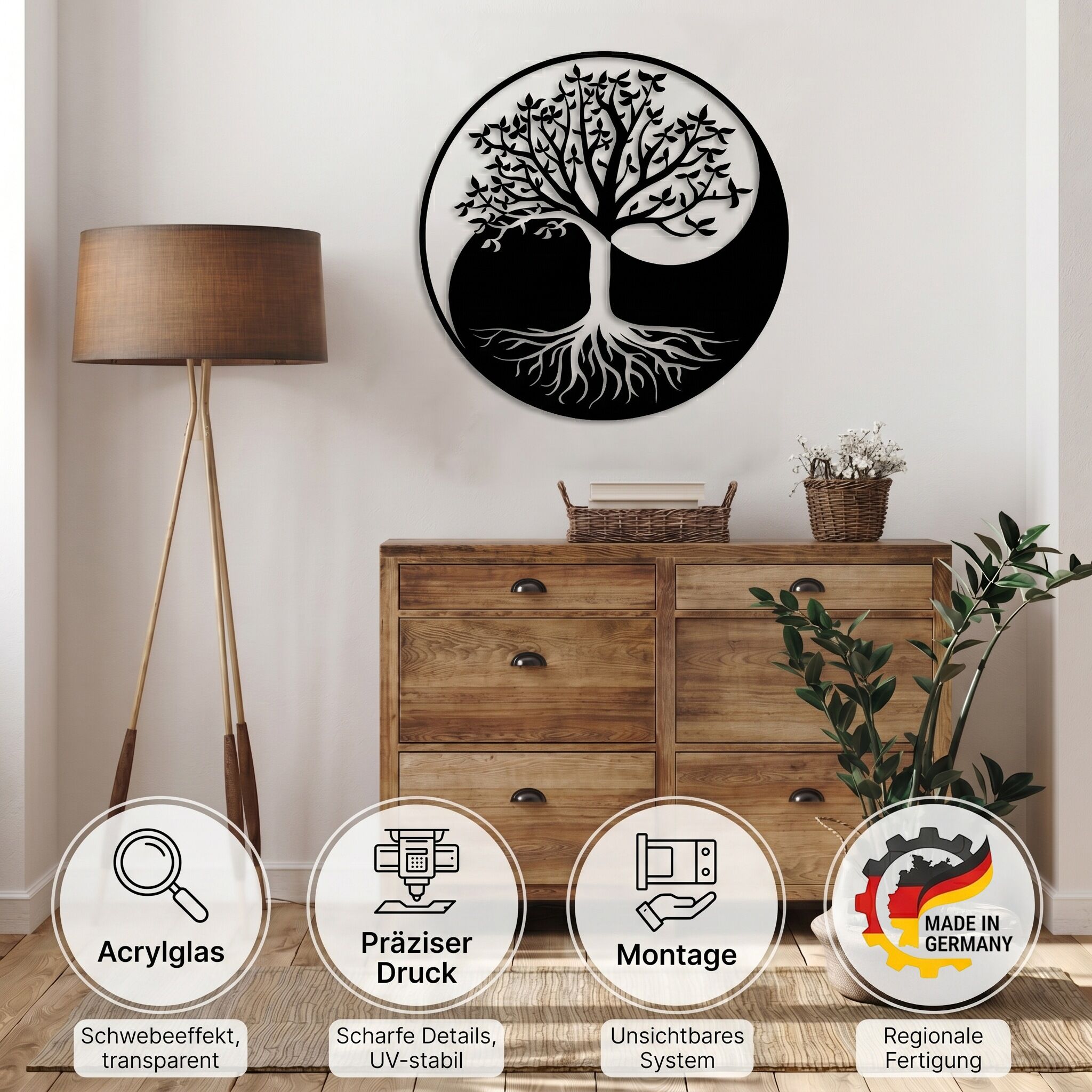 Wandbild GOODPRODUCT "Lebensbaum durchsichtig mit Lochbohrung für leichte Anbringung", schwarz-weiss (farbe bild(er): schwarz), B:90cm H:90cm T:0,4cm, Acrylglas, Bilder, Wandbild, Lebensbaum, Schwebeeffekt dank der Transparenz farbe bild(er): schwarz B/H/