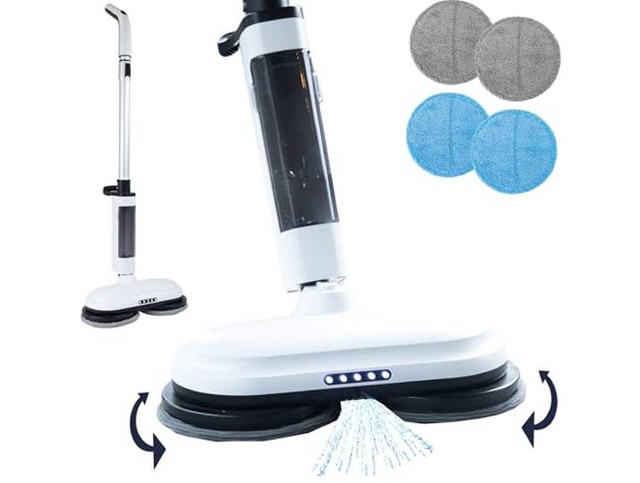 CleanRite® Dweilsysteem 2-in-1 Dweil Systeem Elektrisch Spray-Mop voor Natte en Droge Reiniging Mop met Verstelbare Steel, Draadloos Vloerreiniger, LED-Lichten & 4 Reinigingspads Wit