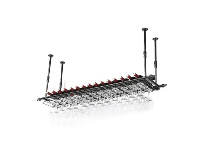 Failjierue 2-lagiges Decken-Weinregal mit umgedrehtem Glashalter Metall-Eisen-Flaschenhalter, Weinregal, Restaurant, Café, Zuhause, Küche, Lagerung, schwebendes Regal(60x30cm)