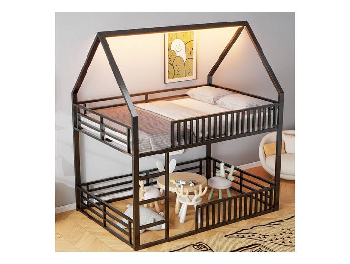 STILVORA Etagenbett 140x200 mit Zaun,Doppelbett in Hausform mit LED-Beleuchtung,Schwarz (Haus-Etagenbett mit LED-Beleuchtung– Fantastisches Design)