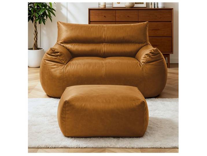 Fauteuil pouf double avec ottoman – Marron – tissu technique aspect similicuir – mousse à mémoire de forme