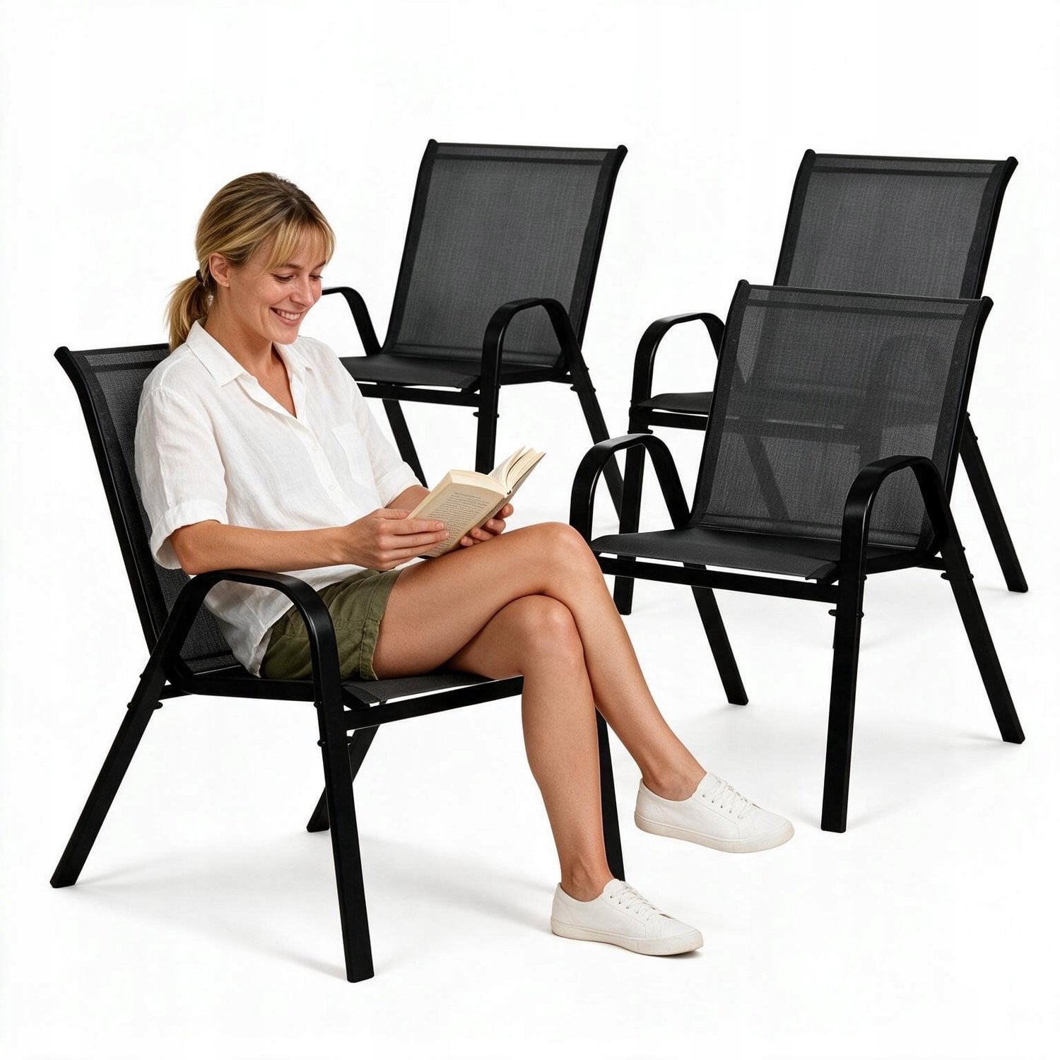 Set van 4 zwarte metalen tuinstoelen met textiel, stapelbaar