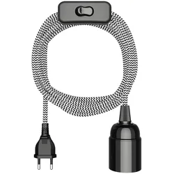 ledscom.de Textil-Lampenkabel LEHA, schwarz/weiß gezackt, 3 m, mit Stecker, Schalter und 1x E27-Fassung, max. 60 W