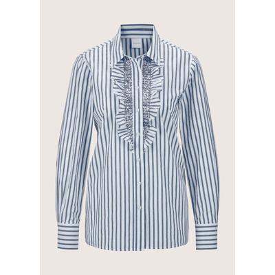Langarmbluse MADELEINE "Bluse Streifenbluse mit Rüschen", Damen, Gr. 40, blau (marine, weiß), Obermaterial: 100% Baumwolle CO., Modern, normal, Blusen