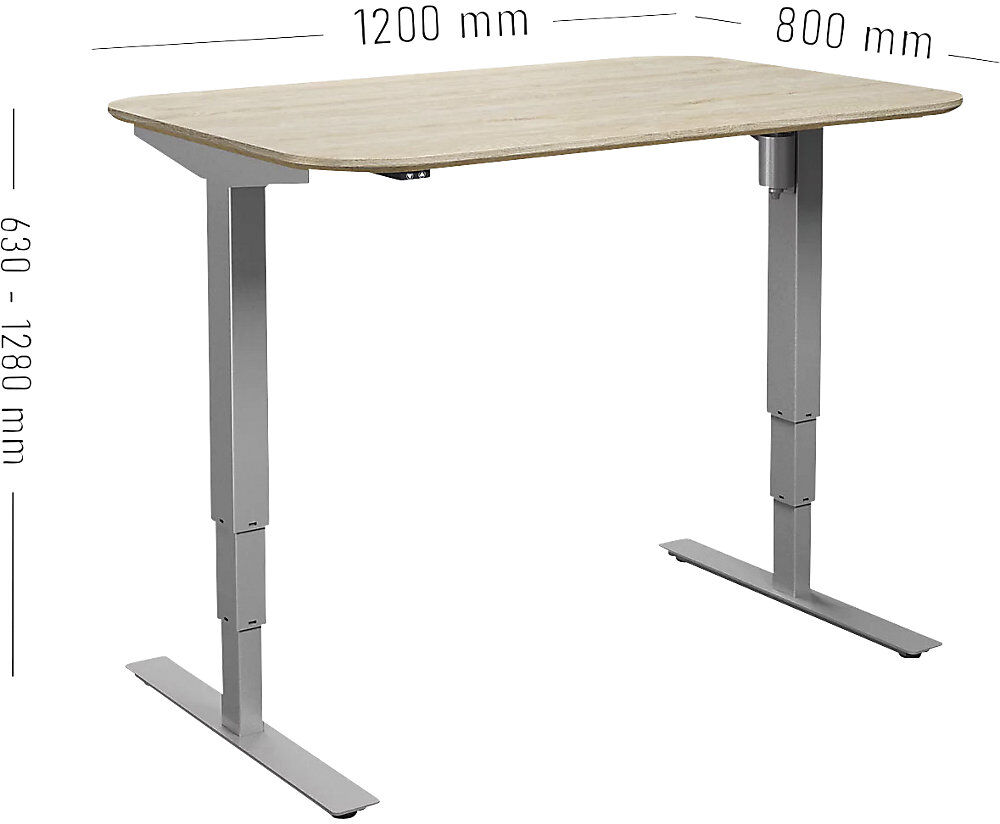 kaiserkraft Schreibtisch Atlanta Trend, elektrisch höhenverstellbar, gerade, abgerundete Ecken, BxT 1200 x 800 mm, Eiche/silber